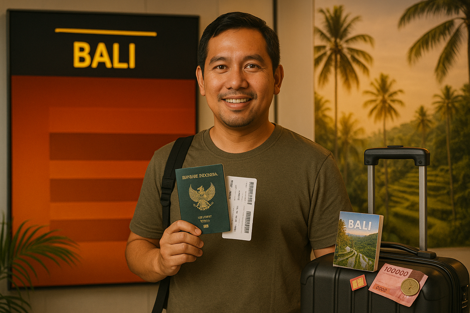 What to Know Before Going to Bali –Traveler with passport, SIM card, and Rupiah preparing for Bali trip.